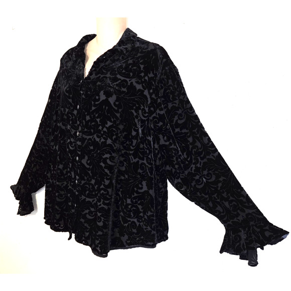 VTG Laura Ashley Black Velvet Burnout Top PLUS Sz 24W Blouse Floral Whimsigoth - Picture 2 of 16